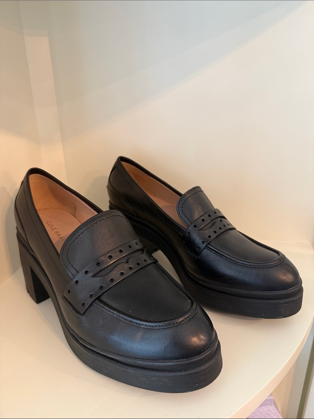 Cole Haan Black Leather Platform Penny Loafers